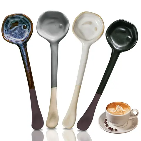 4 Pcs Coffee Spoons Set, Ceramic Vintage Afternoon Tea, Handmade Long-Handle Coffee Scoop, Tea Scoop for Loose Tea, Dinner Serving Spoon, Multifunctional Measuring Spoon, Ceramic Dish Cutlery, Utensils