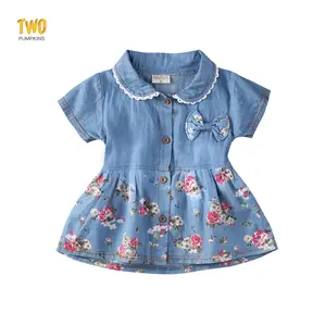 Toddler Baby Girl Denim Bowknot Dress Floral Print Short Sleeve Ruffled Button Dresses Infant Cute Jeans Sundress