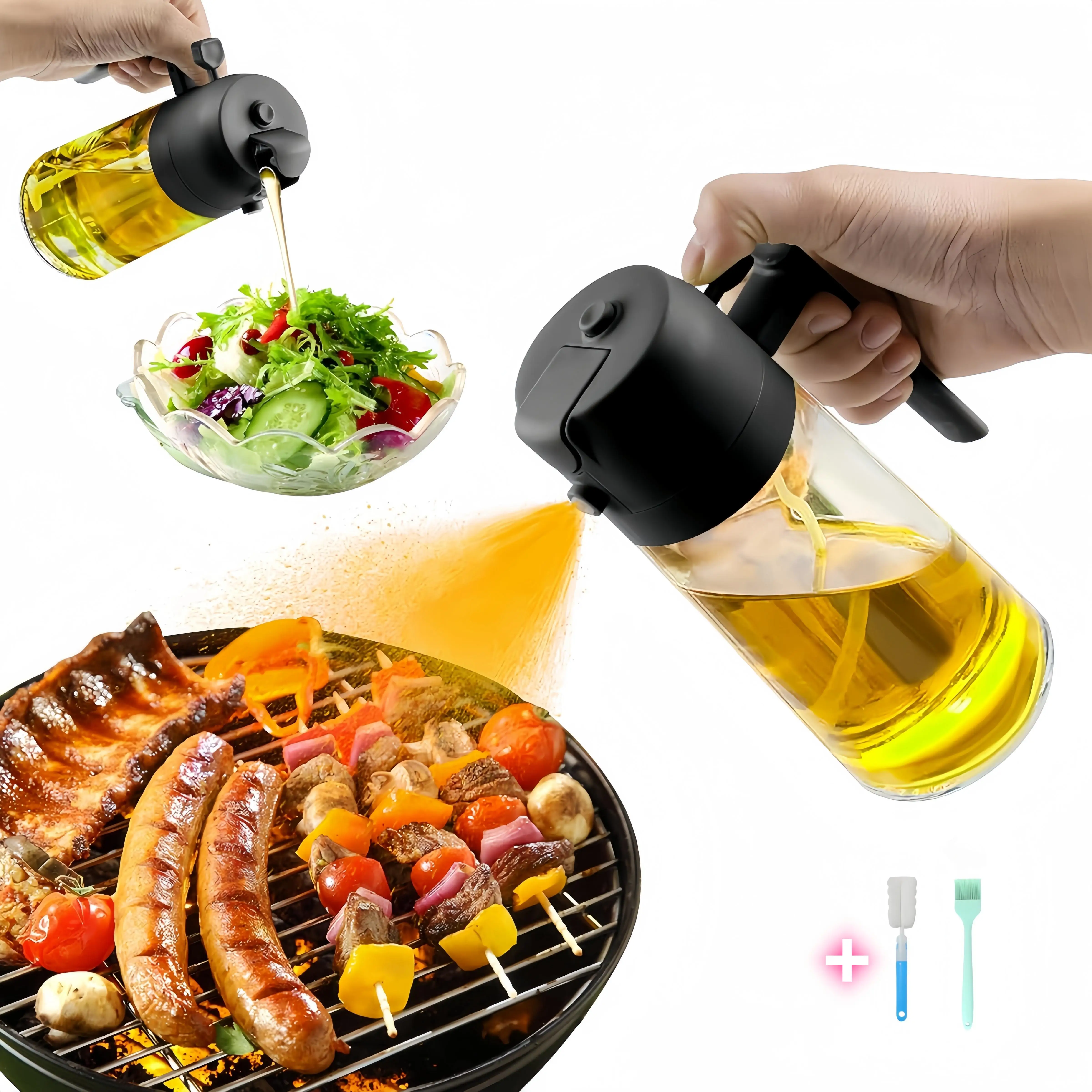 2-in-1 Oil Dispenser and Sprayer, Non-Drip Olive Oil Bottle with Spout for Cooking, Salad, BBQ – Black 470ML/16oz