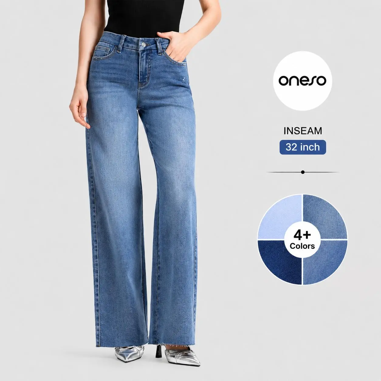 ONESO BBL Stretch Wide Leg Jeans for Women Mid Rise Distressed Raw Hem Denim Pants Streetwear