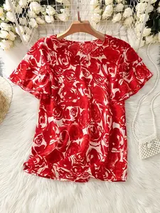 Women's V-Neck Simple Fashion Floral Print Short Sleeve Top, Casual Summer Blouse, Stylish Ladies' Clothing, Comfortable and Trendy