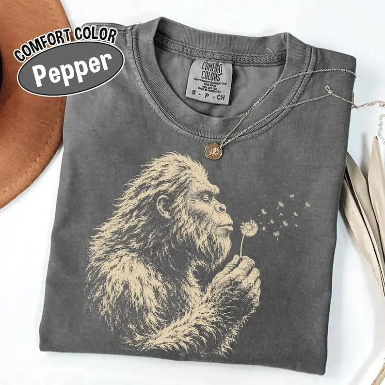 Comfort Colors Bigfoot Dandelion Shirt, Vintage Sasquatch Nature Tee, Woodland Cryptid Graphic T-Shirt, Outdoor Adventure Gift