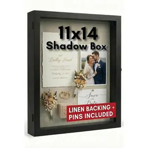 11x14 Black Shadow Box Frame - 1.57" Deep Wooden Display Case for Wedding Memory Box,  and Pictures - Front Opening Glass Door with Lock and Linen