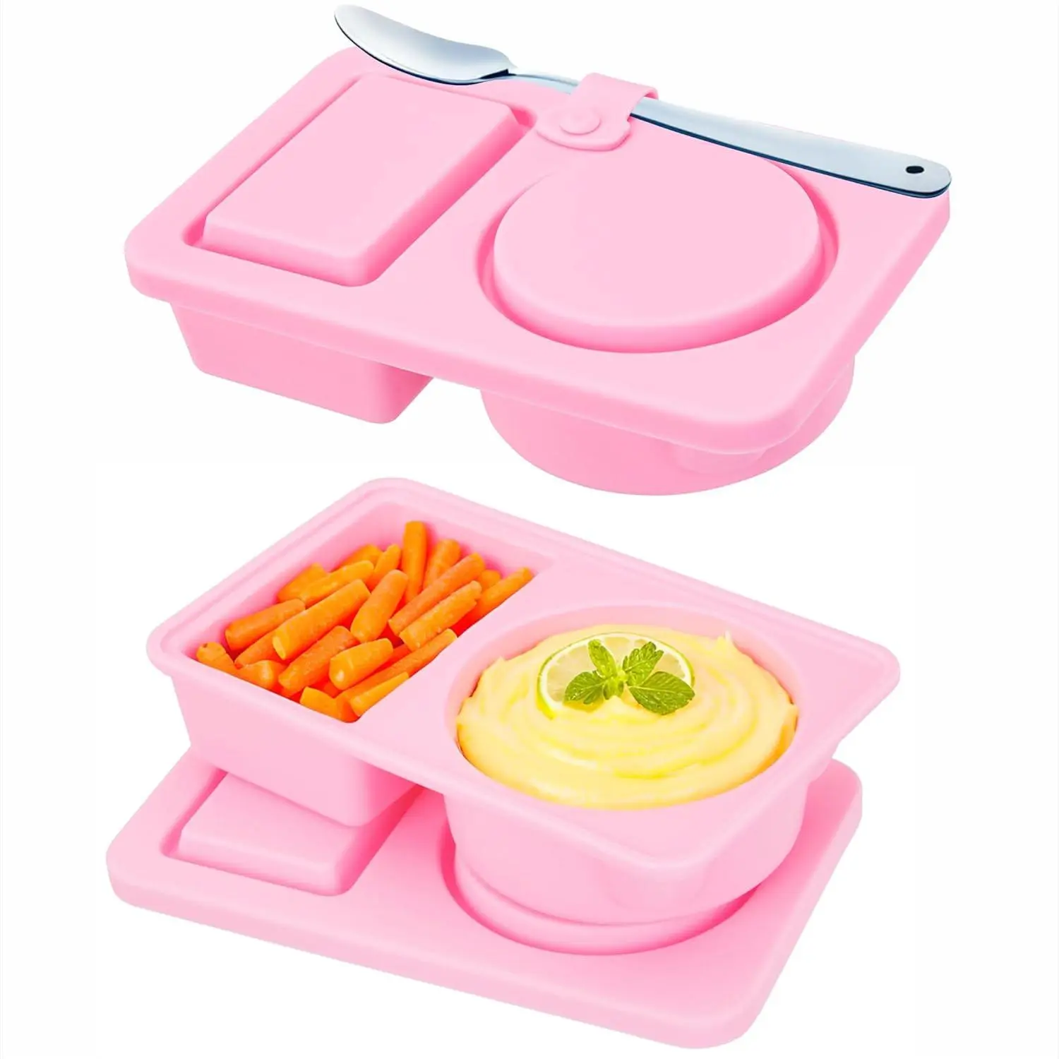 Reusable Silicone Snack Containers with Lids, Small Double Compartment Sauce Containers for Snack/Salad on the go, 2 count Pink