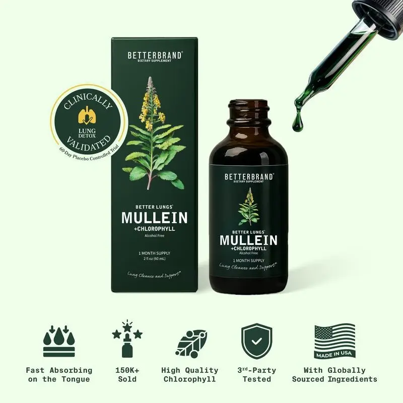 Betterbrand Mullein Leaf & Chlorophyll Drops for Lung Detox & Mucus Cleanse - 30 Servings - Clinically Studied Natural Liquid Herbal Supplement