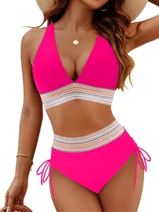 Two-piece Set Women's Patchwork Print Neon Bikini Set, Casual Fashion Chic Swimsuit Set for Beach Holiday Vacation, Ladies Swimwear for All Seasons
