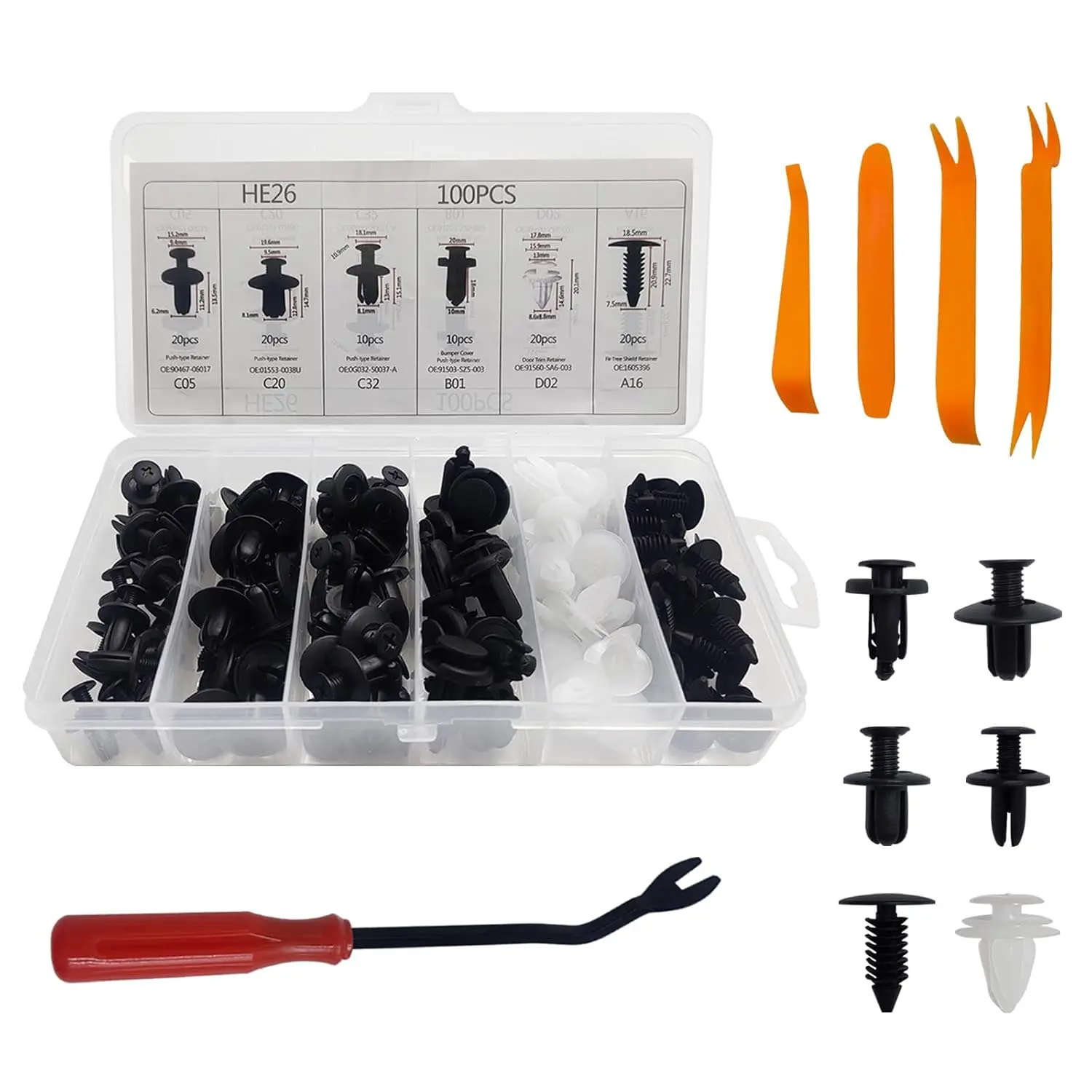100Pcs Car Bumper Retainer Clips, 100pcs 6 Sizes Plastic Car Clips Kit, 100Pcs Car Clip Kit Car Bumper Repair Tool Kit, 100-piece automotive fasteners, Universal Expansion Screw Clips Set with Removal Tool & Storage Box