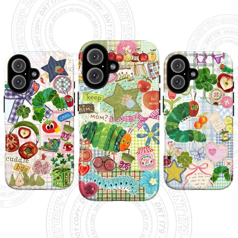 Kawaii Patchwork Cottagecore Phone Case, Whimsical Fruit & Caterpillar Scrapbook Collage, Y2K Juminocore Aesthetic, Tough Shockproof Protective Case, Compatible with iPhone 11-17 Pro Max/Plus and Samsung Galaxy S23-25