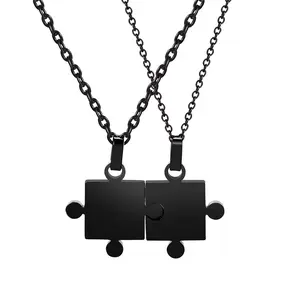 OIDEA Matching Couple Necklaces, 2-Piece 316L Stainless Steel Engravable Metal Puzzle-Piece His Hers Pendant Necklace Set, Black, Metal Puzzle-Piece Necklaces