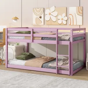 【Bellemave】Solid Wooden , Solid Rubber Wooden Twin over Twin Loft Bed with Ladder ,Upper and Bottom Bed Platforms crafted with Strengthened Slats ,Pink
