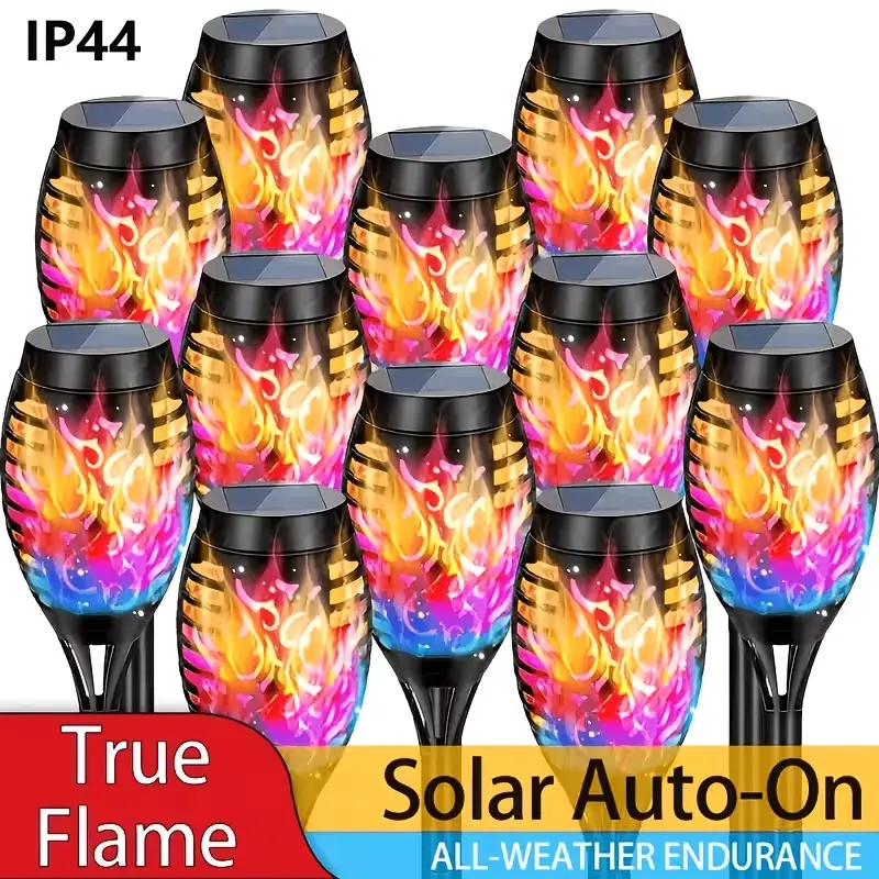 Solar-powered outdoor lights, flashlight-style lights with flickering flame effect, IP44 protection rating, 8-pack of solar-powered flame lights, yard and lawn lights, automatic motion sensor, outdoor lighting, suitable for yards, gardens, lawns,