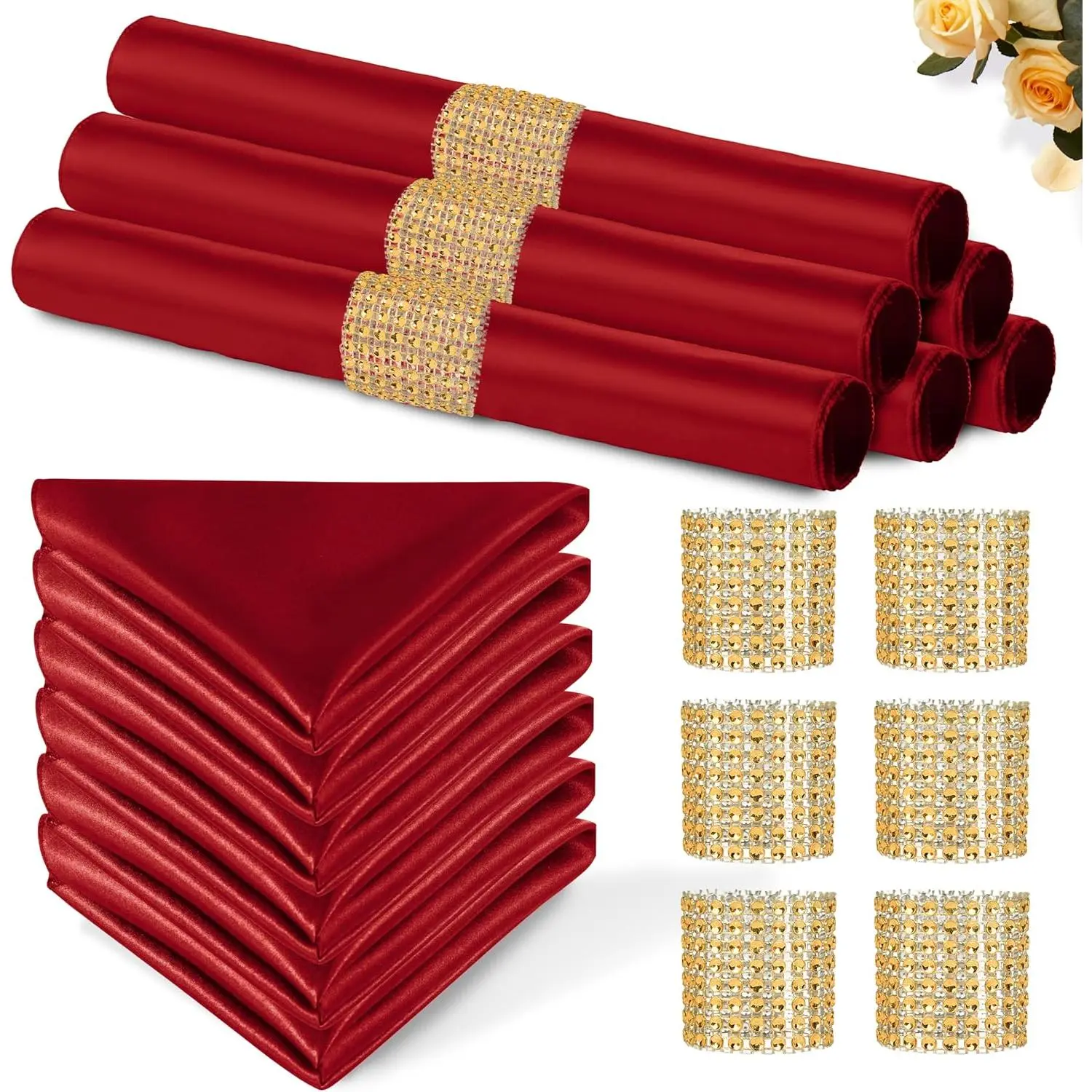 100 Pack Red Satin Napkins and Napkin Rings Set,12 x 12 Inch Silky Soft Cloth Napkins Set of 50,Square Satin Dinner Table Napkins Bulk for Wedding Banquet Restaurant Graduation Party Decoration