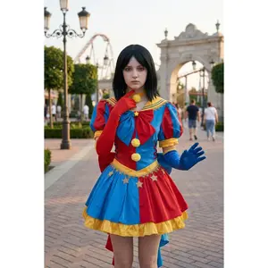 Women's Fitted Clown Lolita Dress with Long Gloves - Circus-Style Cosplay Costumes, Full Set with Bow & Pom-Pom Details for Halloween & Role Play, Women's Clothes Accessories