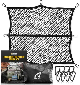 Autown Heavy Duty Nylon Pickup Truck Bed Cargo Net, Stretchable 4'x4' to 7'x7', 1''x1'' High Elastic Fine Mesh, 8 Metal Carabiners, Adjustable Webbing Strap & Rope, Automotive Hardware Accessory