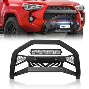 【YZONA】Bull Bar with License Plate Frame & LED Light Bar Compatible for 2010-2024 Toyota 4Runner, Truck Grille Guard Brush Push Bar Front Bumper (Include Light Mount & Skid Plate)