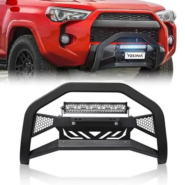 【YZONA】Bull Bar with License Plate Frame & LED Light Bar Compatible for 2010-2024 Toyota 4Runner, Truck Grille Guard Brush Push Bar Front Bumper (Include Light Mount & Skid Plate)