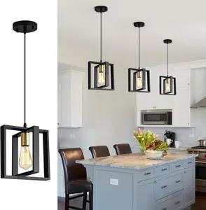 1-Pack, Industrial Style, Farmhouse, Kitchen Island Pendant Light, Wood Frame + Metal, Semi-Flush, Dining Room, Hallway, Entryway, Closet, Bedroom, 9.5 Inch, chandelier night light lamps lamp night light lights bedroom chandelier