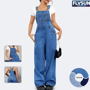 Flvsun-Women's Denim Bib Overalls Casual Adjustable Strap Wide Leg Jean Jumpsuits Loose Fit Long Rompers With jumpsuit Overall Romper Womenswear,Preppy 80s Clothes, Overalls for Women