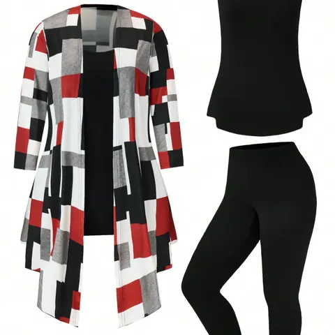 [Plus Size] Three-Piece Set Colorblock Print Open Front Long Sleeve Outerwear & Adjustable Camisole Top & Elastic Waist Pants, Casual Fashion Fitted Cozy Outfits for Daily Wear, Lady Clothing for All Seasons, Match Style Set, Womenswear