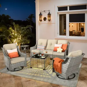 [4 Packages Delivery] Outdoor Patio Furniture with 3 Seat Sofa, Rattan Wicker Cover, Swivel Rocking Chair & Balcony Sofa Set with UV Protection Design