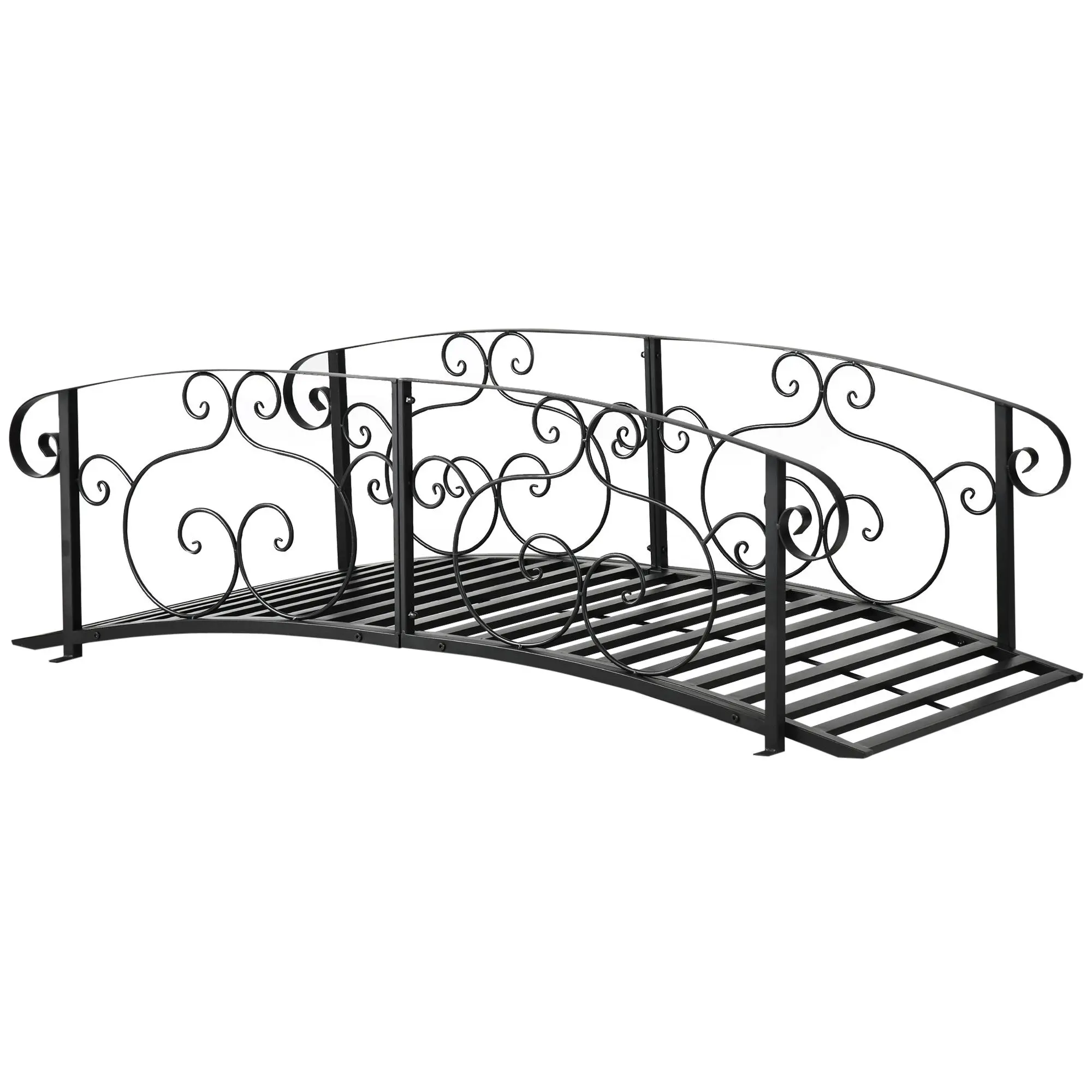Outsunny Vintage 6' Steel Frame Garden Bridge - 72.5" L x 31" W x 21.75" H, Powder Coated, Safety Side Rails, Curved Arches, Scrollwork Vine Patterns, Stable Arc Footbridge, Resists Outdoor Elements, Black Antique Backyard Creek Decor