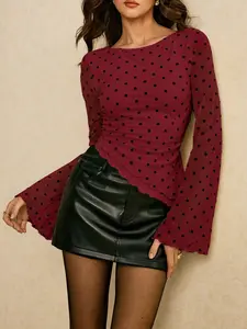 Elegant Women's Polka Dot Bell Sleeve Asymmetrical Hem T-Shirt, Long Sleeve Top, Office Style, Clock Shape Sleeves, Polka Dot Blouse