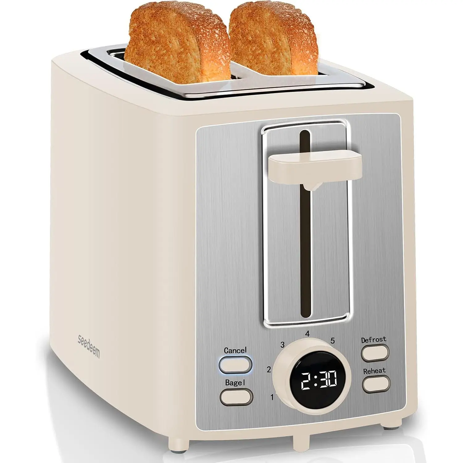 2-Slice Compact Stainless Steel LCD Display Kitchen Toaster, Cream White, 900W, LCD Controls, 7 Shade Settings, 1.4-in Extra Wide Slots, Bagel Function, Defrost, Reheat, Cancel, Removable Crumb Tray (For Daily Use), 2-Slice Toaster