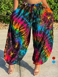 【Plus Size】 Tropical Print Drawstring Waist Jogger Pants, Boho Casual Elastic Waist Wide Leg Trousers, Boho Festival Trousers, Bohemian Trousers for Daily Wear, Women's Bottoms for All Seasons