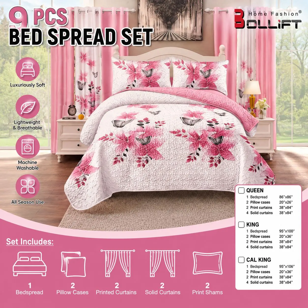 9-Piece Bedspread Set – Soft Microfiber Bedding Set with Pillowcases & Decorative Cushion Covers – Queen/King/California King – Machine Washable