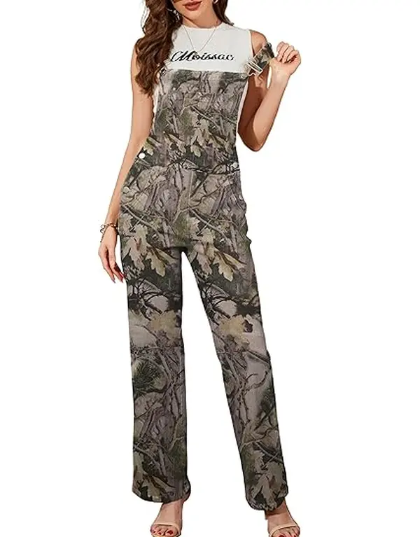 ODEFOU Women's Work Overalls, Lady's Camo-SZH Loose Straight-Leg Stretch Jumpsuit with Pockets for Hunting & Gardening, Adjustable Coveralls, Denim Bib Overalls, Construction, Overalls For Women
