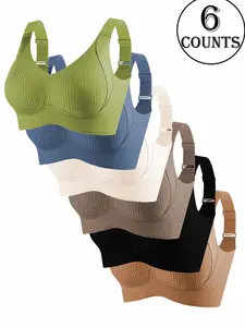 4 Counts Soft Ribbed Comfort Bras, Wireless Breathable Lingerie with Elastic Fabric, Wide Strap Support Bras for All-Day Wear, Neutral & Pastel Tones, Multiway Bra, Underwear, Casual