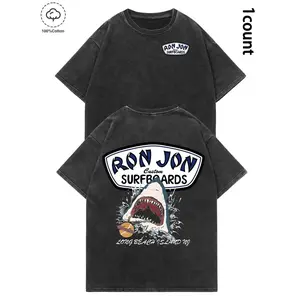 Vintage Washed Ron Jon Surfboards Shark Graphic T-Shirt - Y2K Casual Streetwear Oversized 100% Premium Cotton Tee, Retro Beach Surf Aesthetic Top, Perfect Summer Vacation & Father's Day Gift