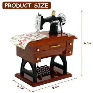 UFORU Adorable Vintage Mini Sewing Machine Music Box, Brown, Cute Desk Decoration Toy Perfect Gift for Kids
