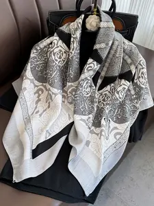 Spring Summer Versatile Geometric Colorblock Print Silk Scarf, Loose Fit, Neck Warmer, Multi-Functional Outerwear, Stylish and Warm Accessory
