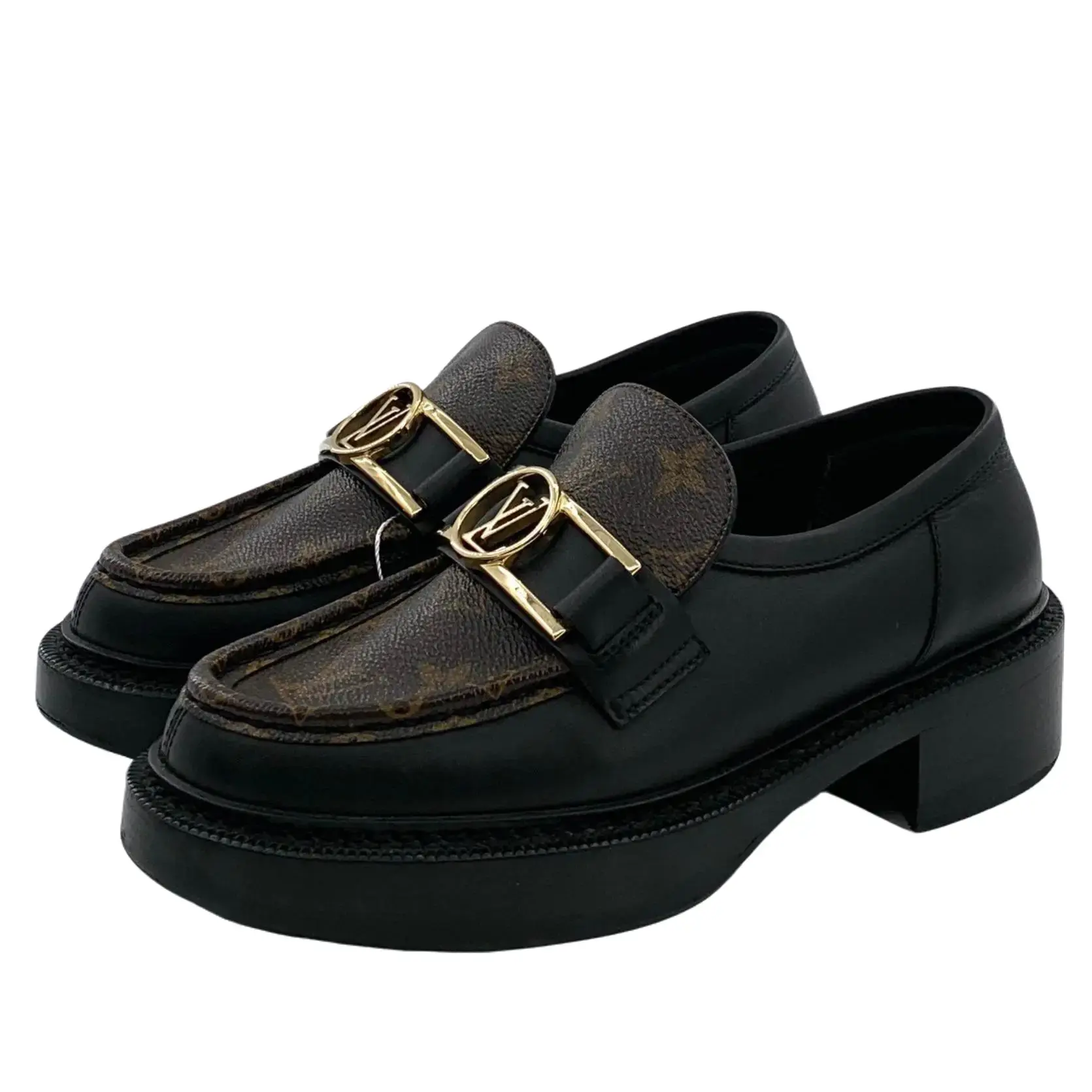 RDLT-Louis Vuitton Size 37 Academy Black Round-toe Calfskin Monogram Spliced Flat Loafers-J37038