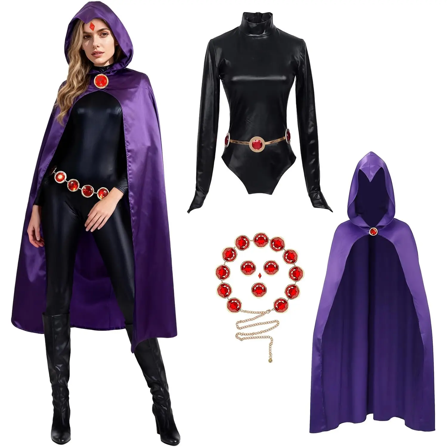 4PCS Raven Cosplay Costume Women Purple Raven Cape Belt Jumpsuit Suit