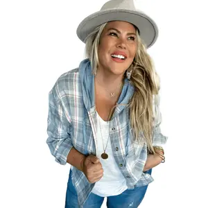 Vivi Plaid Hoodie Shacket Hooded Button Up Hoodie Top