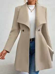 Women's Wool Blend Fitted Jackets & Coat, Pure Color Lapel Design, Long Sleeves, Dual Button Closure, Fall & Winter Outerwear, Elegant Women's Clothing