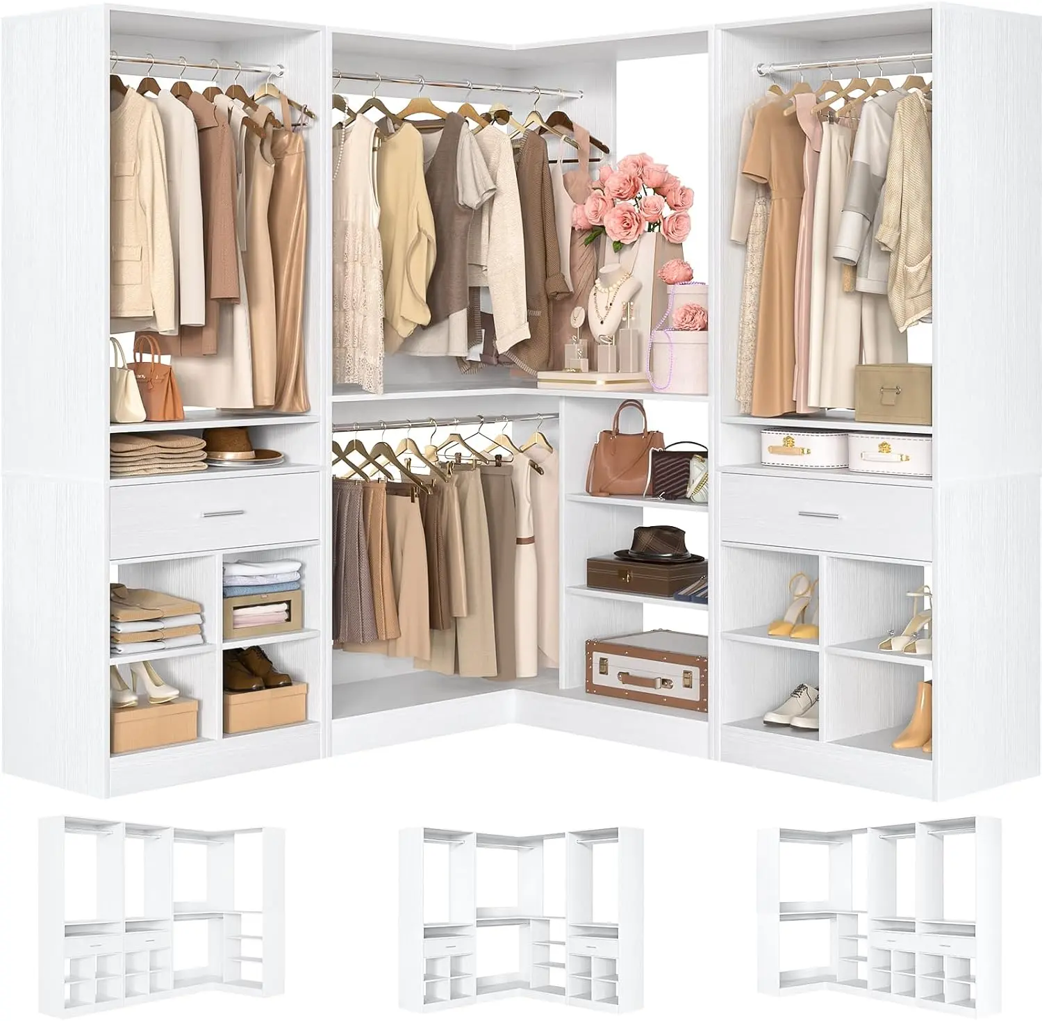 Unikito 86" Corner Closet System, Modular Closets Organizer with 4 Hanging Rods & Corner Tower, Freestanding L-Shaped Walk-In Wardrobe Organizer, Set of 3