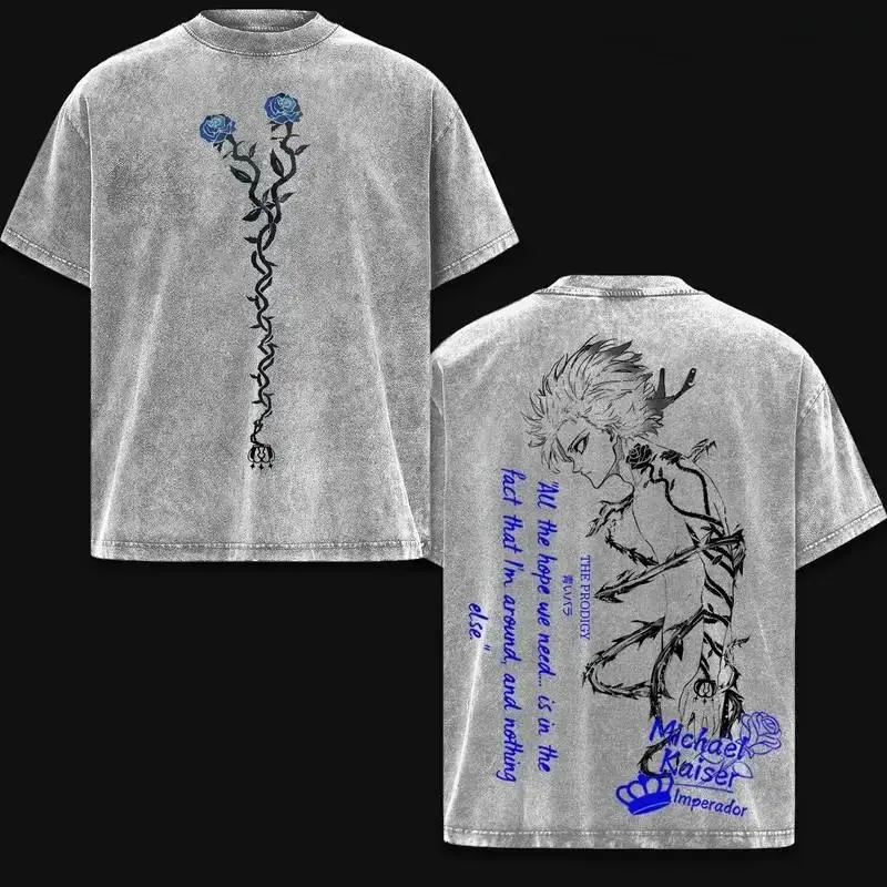Men's Blue Lock Michael Kaiser Anime Graphic Fitted T-Shirt - Vintage Distressed Cotton, Casual Streetwear, Short-Sleeve, Round-Neck Menswear Top, Figure-Focused
