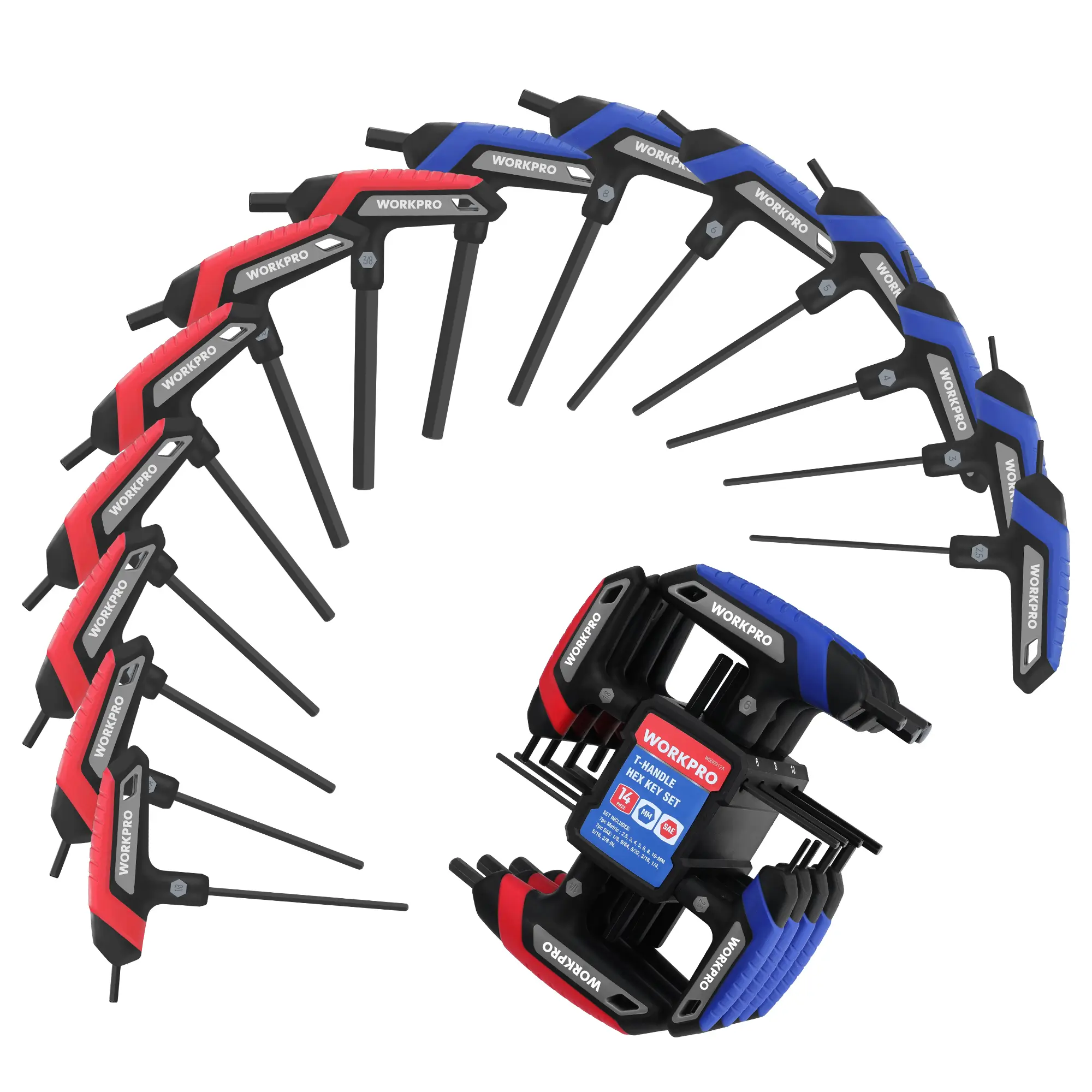#backtoschool WORKPRO 14-Piece T-Handle Allen Wrench Set, Metric & SAE T Handle Hex Key, Long Hex Key Wrench Sets with Storage Rack for DIY, Auto Bike Repair Tool, Basic Home Repair and Mechanics Maintenance