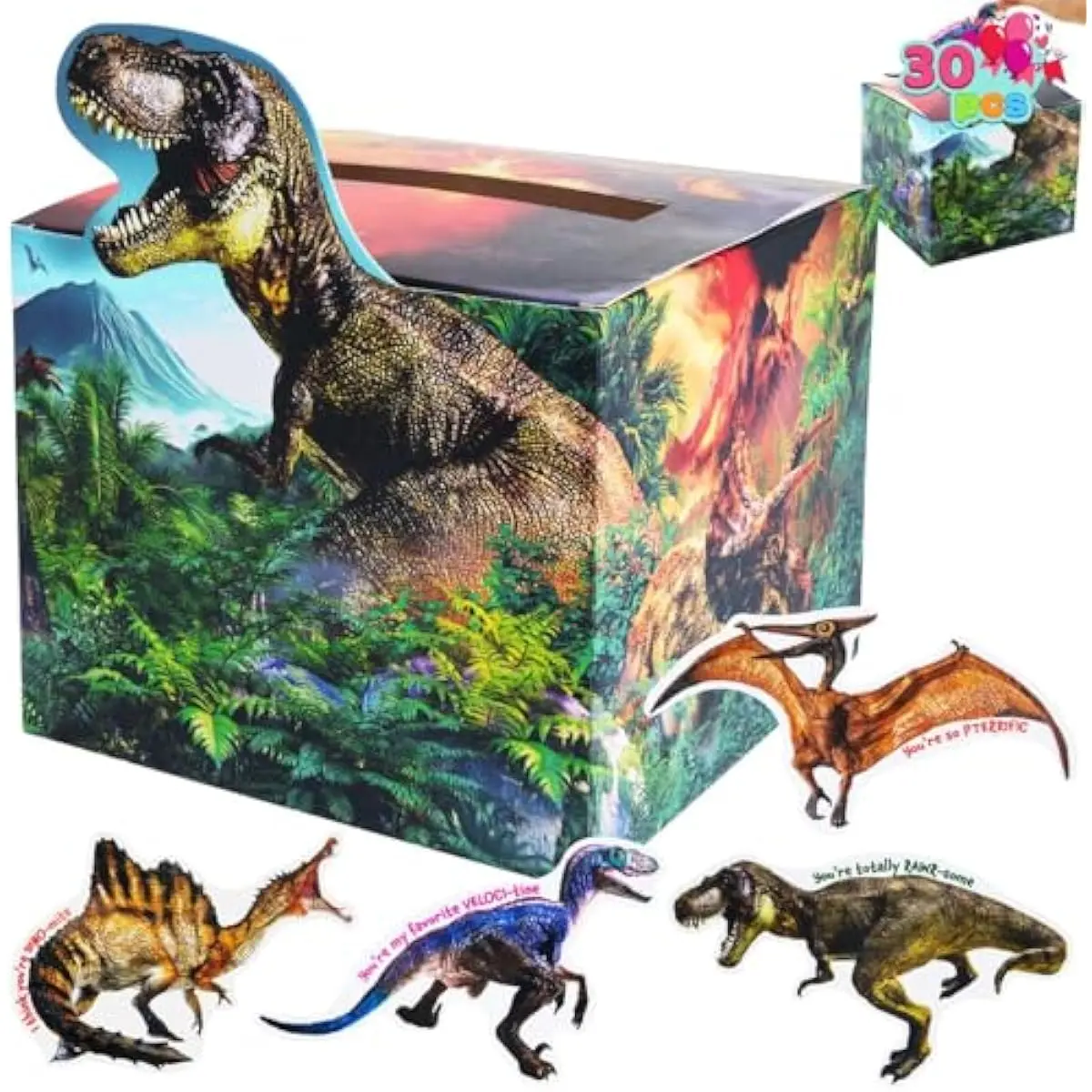 JOYIN Valentines Boxes Dinosaur, 30 Pcs Cards with Classroom Mailbox for Kids Party Favor, Exchange Prizes, 6 Designs