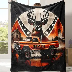Warm Soft Flannel Blanket, Flag Deer Pattern, Ideal for Sofa Bed Couch, Travel Camping Living Room Office Chair Bed Cover, Gift Idea
