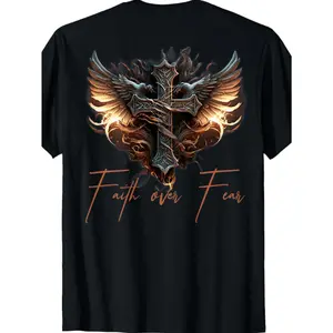 Men's Faith Over Fear Graphic T-Shirt with Angel Wings & Cross Design - Black, All-Season Cotton, Casual Fit, Machine Washable, Adult Tshirt| Graphic Tee| Comfortable Fit