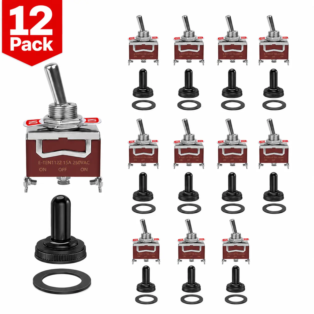 SUNMORN 6 Pack Toggle Switch, 3 Pin 12V DC 30A/250V AC 15A, Heavy Duty SPDT ON Off ON Switch, Marine Waterproof Toggle Switch with Boot Cap Cover, for Cars Trucks, Racing Cars, Boats
