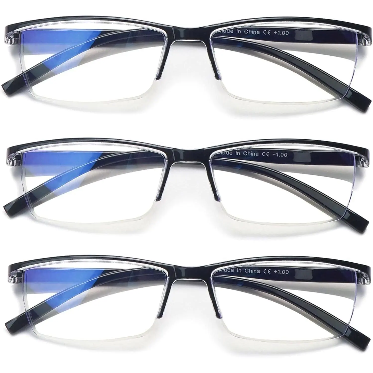 ZOELEAD Unisex Fit 3-Pack Reading Glasses, Rectangular Semi-Rimless Classic Black Lightweight Plastic Frames, Blue Light Blocking Resin Lens Computer Eyewear with Spring Hinges, Comfortable to Wear, High Quality Eyewear