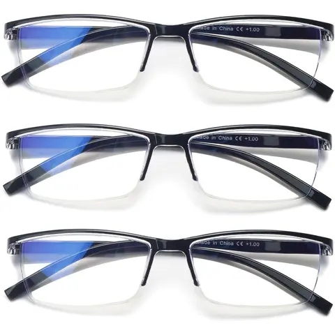ZOELEAD Unisex 3-Pack High Quality Semi-Rimless Rectangular Eyeglasses - Black Plastic Frames, Blue Light Blocking Resin Lenses, Spring Hinges, 1.0x/1.75x Lightweight Durable, Great for Reading, Gaming, and Work