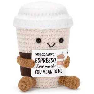 Crochet Emotional Support Coffee Doll with Card, 1 Count Cute Coffee Doll Desktop Ornament, Handmade Knitted Coffee Cuddly Doll Gift, Home Decor, Handmade Crochet Figure, Soft Huggable Doll