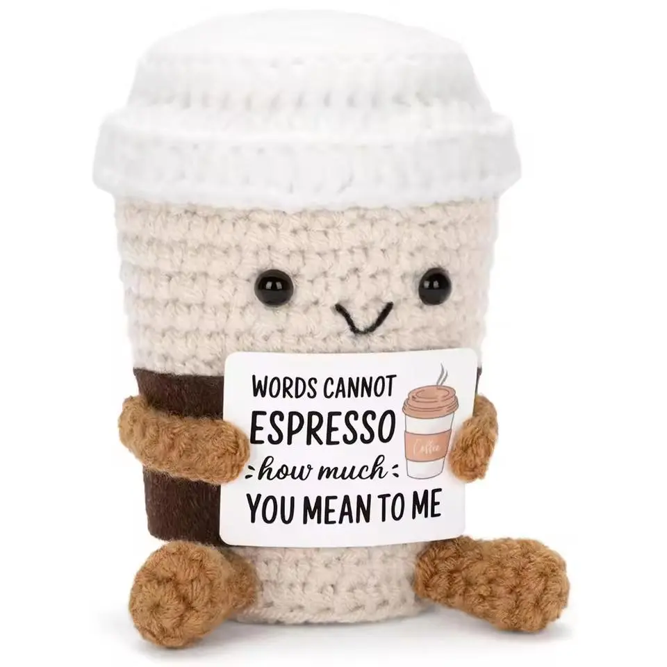 Crochet Emotional Support Coffee Doll with Card, 1 Count Cute Coffee Doll Desktop Ornament, Handmade Knitted Coffee Cuddly Doll Gift, Home Decor, Handmade Crochet Figure, Soft Huggable Doll, Amigurumi Gift