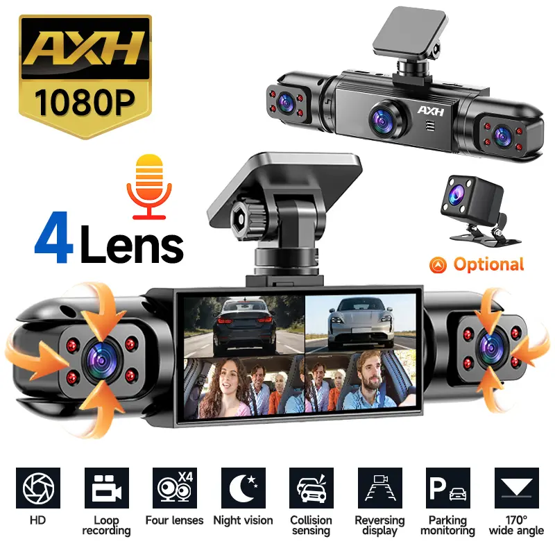 4-Channel Dash Cam DVR Loop – 1080P Full HD Front + 720P Rear/Left/Right, Requires Charging, Super Night Vision, G-Sensor, Free 64GB Memory Card, Car Dashboard Camera,  Hd Automotive Dashcam Hd Driving Recorder